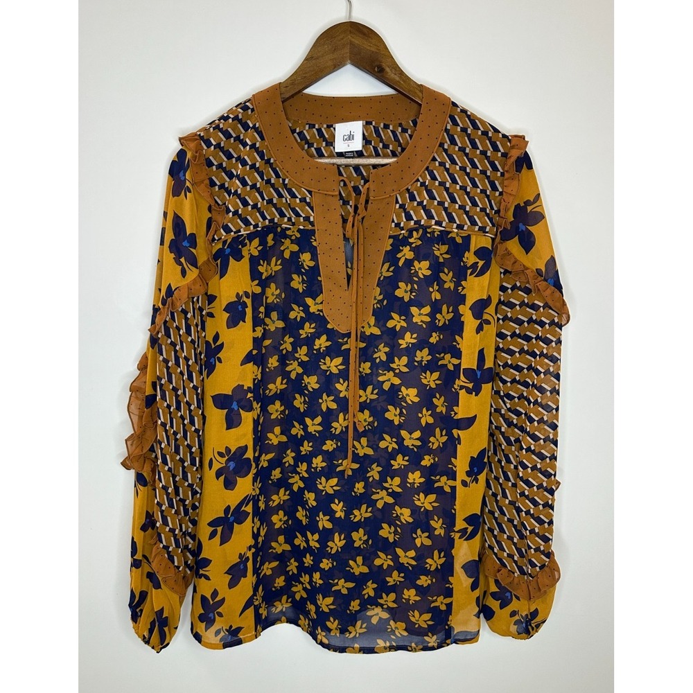 Cabi Harmony Blouse Sheer Golden Eye Floral Ruffle Long Sleeve 3953 Size Small - Picture 11 of 11